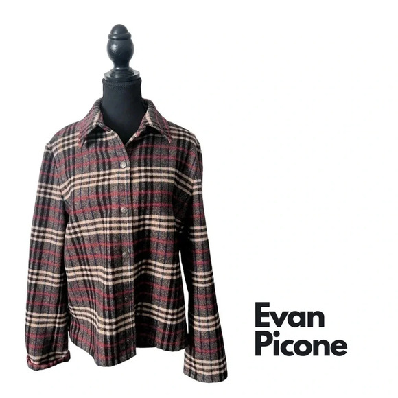 Evan Picone | Vintage  Wool Blend Dark Plaid Button Up Blazer | Size 12 - Picture 1 of 8